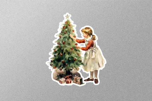 Vintage Cute Girl With Christmas Tree Sticker