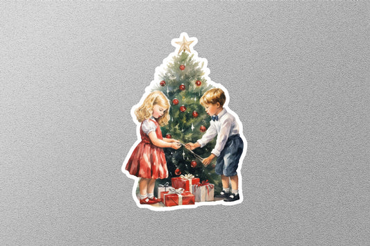 Wholesale Vintage Kids With Christmas Tree And Gifts Christmas Sticker