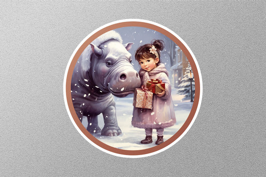 Cute Kid With Hippopotamus Winter Holiday Sticker