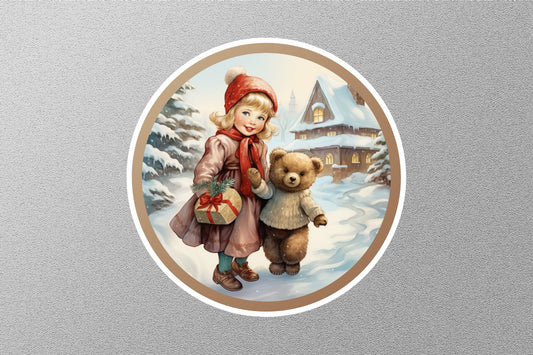 Cute Kid With Baby Bear Winter Holiday Sticker