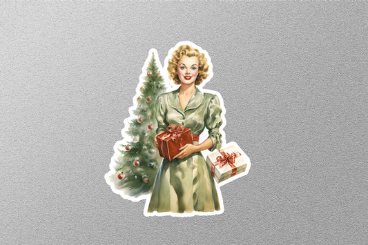 Wholesale Vintage A Lady With A Gift And Christmas Tree Sticker