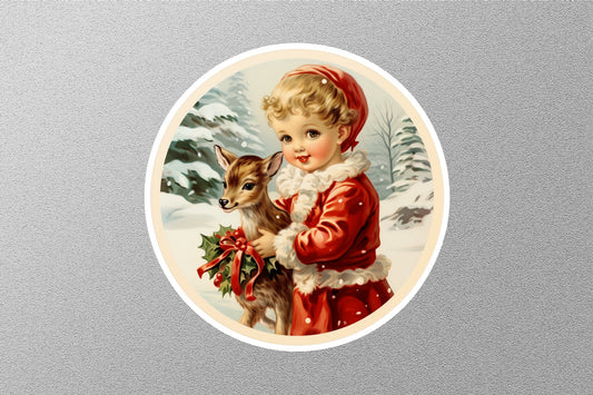 Cute Kid With Baby Deer Winter Holiday Sticker