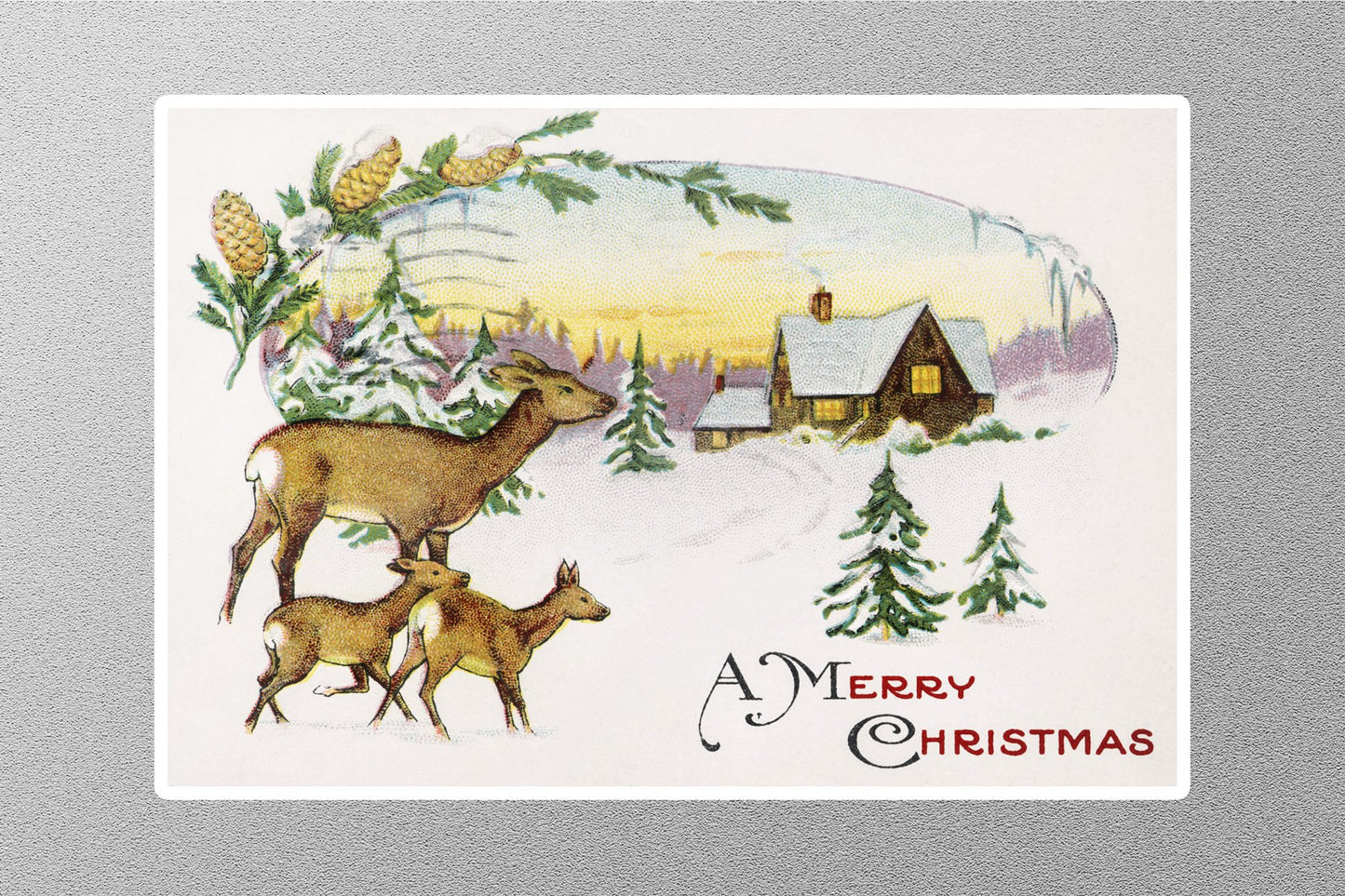 Vintage Christmas Card Deer House Christmas Sticker