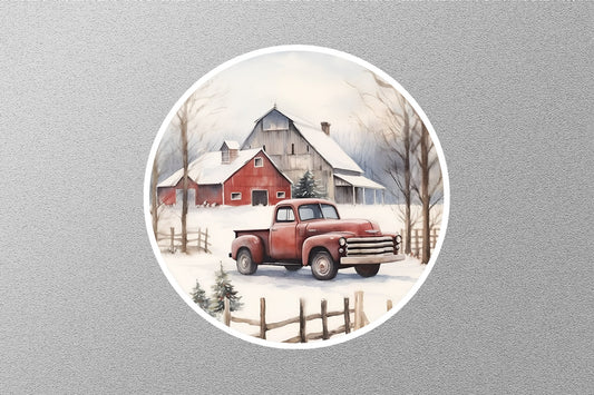 Red Car And Old House Christmas Sticker