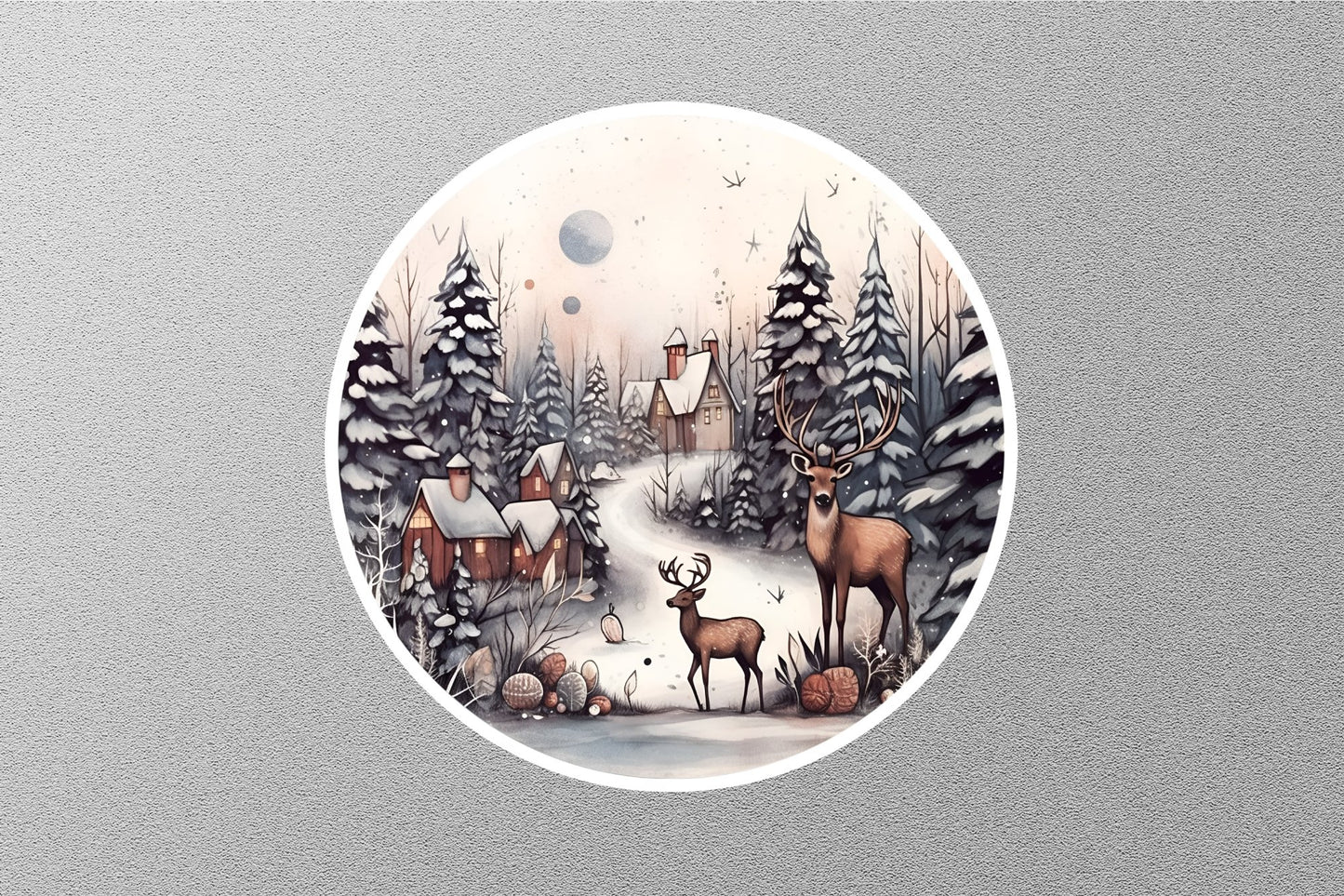Two Deers With Winter Cottage Christmas Sticker