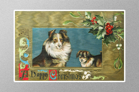 Vintage Mother Collie Puppy Dogs Christmas Sticker