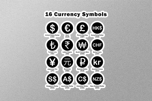16 Currencies Sticker, Global Currency Sticker