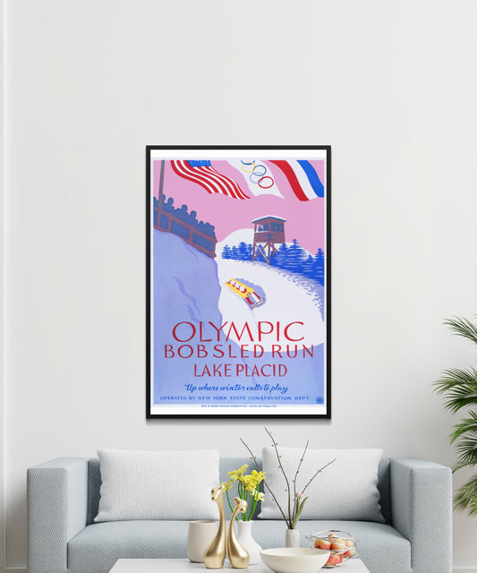 Vintage Olympic Bobsled Run Lake Placid Travel Poster - Matte Paper