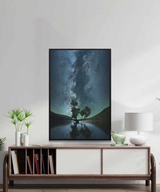 Green Leafed Tree On Body Of Water Under Starry Sky Poster - Matte Paper