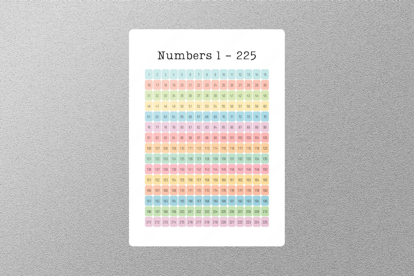 Numbers 1-225 PASTEL Education Sticker