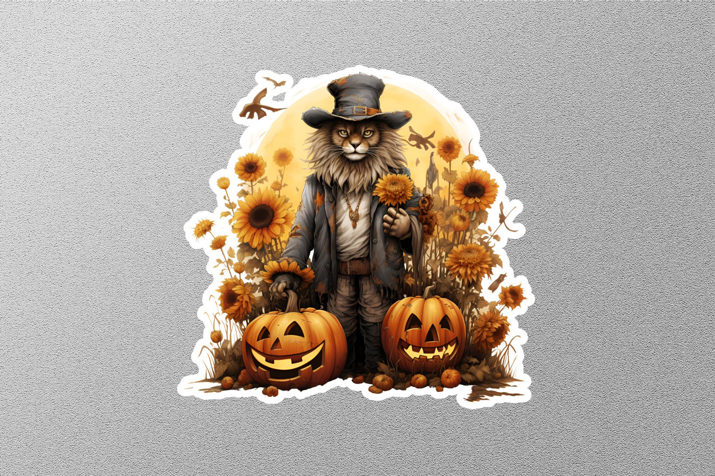Lion With Hat And Pumpkins Halloween Sticker