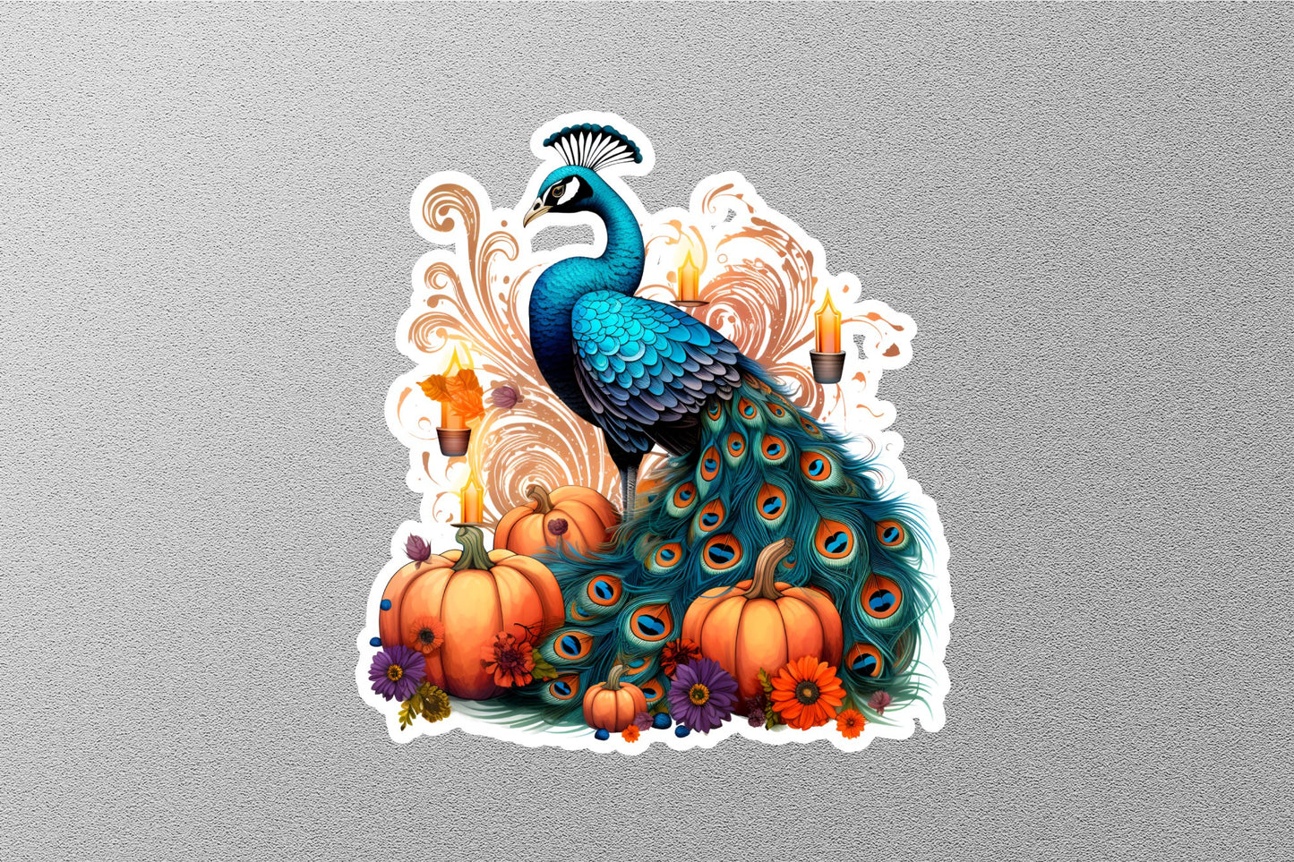 Beautiful Pea Cock With Pumpkin Halloween Sticker