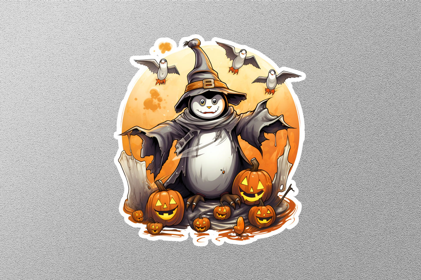 Penguin With Smiley Pumpkins Halloween Sticker