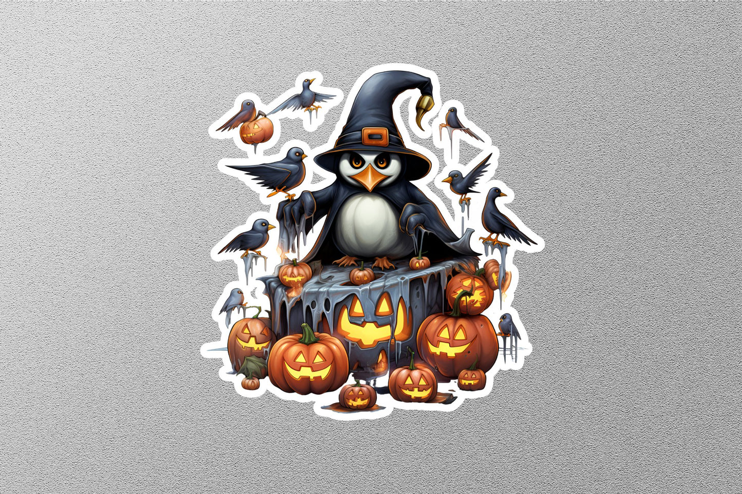 Penguin With Birds And Smiley Pumpkins Halloween Sticker