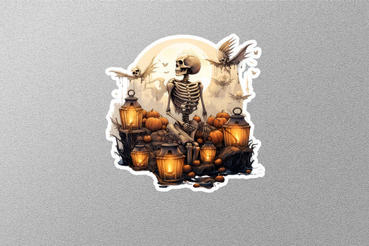 Female Skeleton With Pumpkins Halloween Sticker