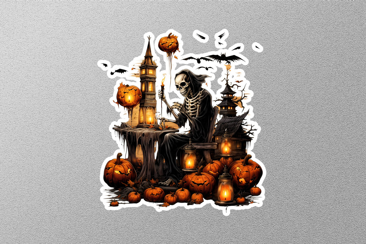 Skeleton With Birds And Lights Halloween Sticker