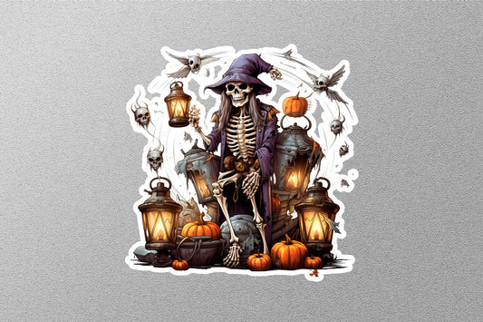 Skeleton With Lenten And Pumpkins Halloween Sticker