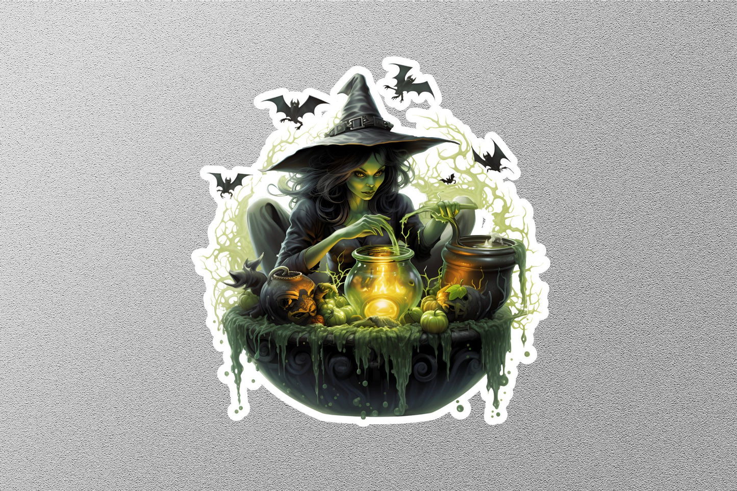 Green Witch With Bats Halloween Sticker