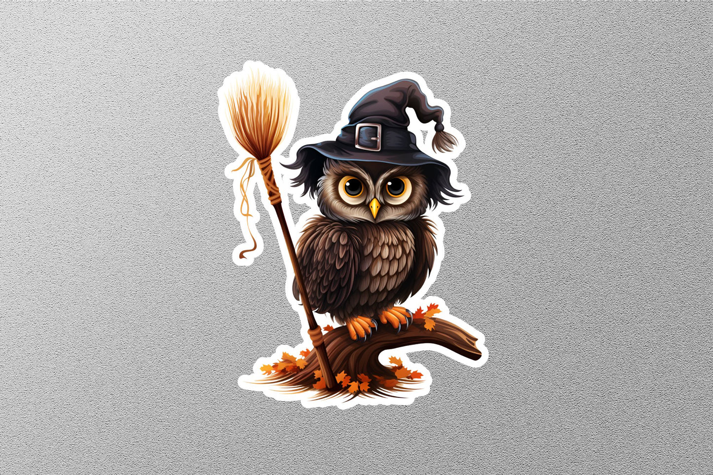 Owl With Witch Broom Halloween Sticker