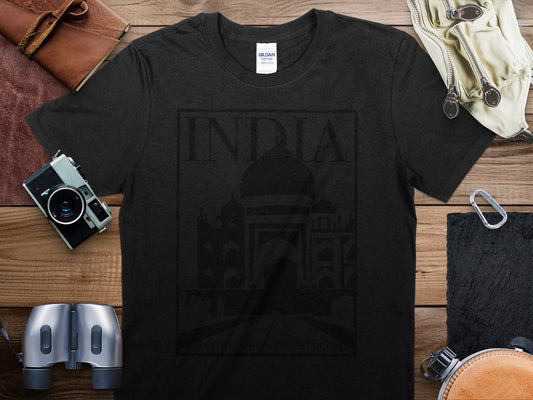 India Black Stamp Travel T-Shirt, India Black Travel Shirt