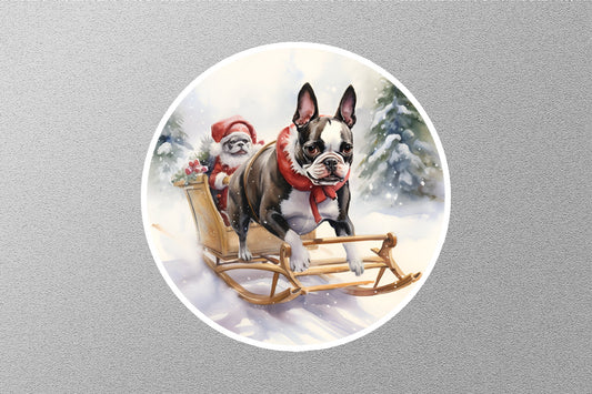 Boston Terrier Dog Sitting on Reindeer Sleigh Ride Christmas Sticker