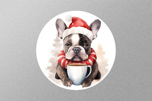 French Bulldog Wearing Santa Hat And Drinking Christmas Sticker