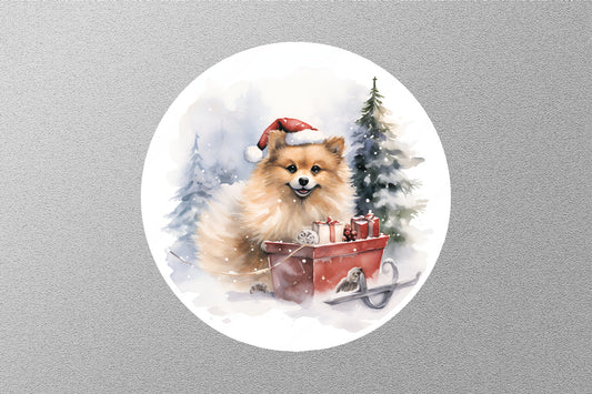 Pomeranian is Sitting on Reindeer Sleigh Christmas Sticker