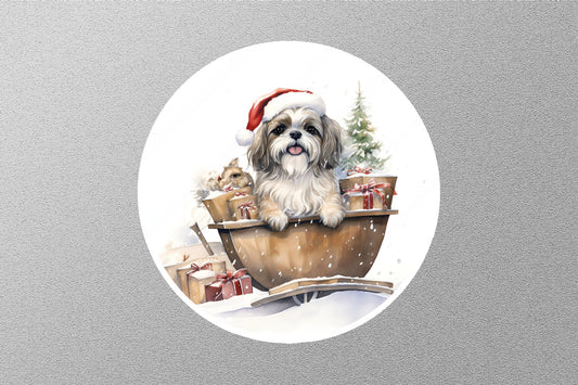 Shih Tzu is Sitting on Reindeer Sleigh Christmas Sticker