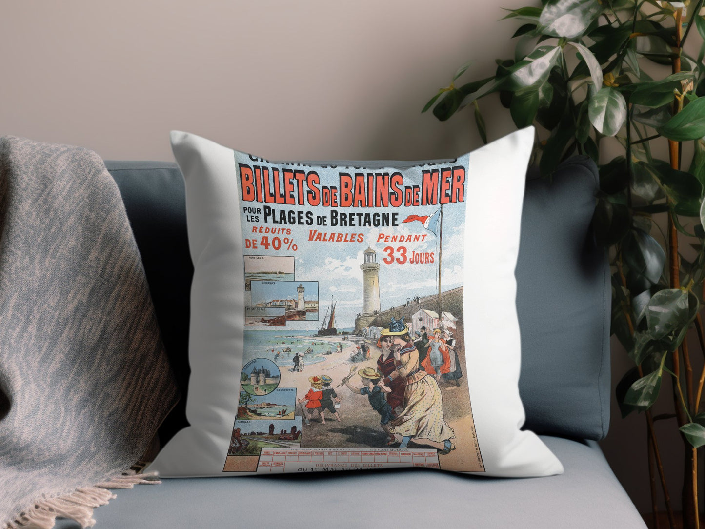 Vintage Billets De Bains Demer Throw Pillow