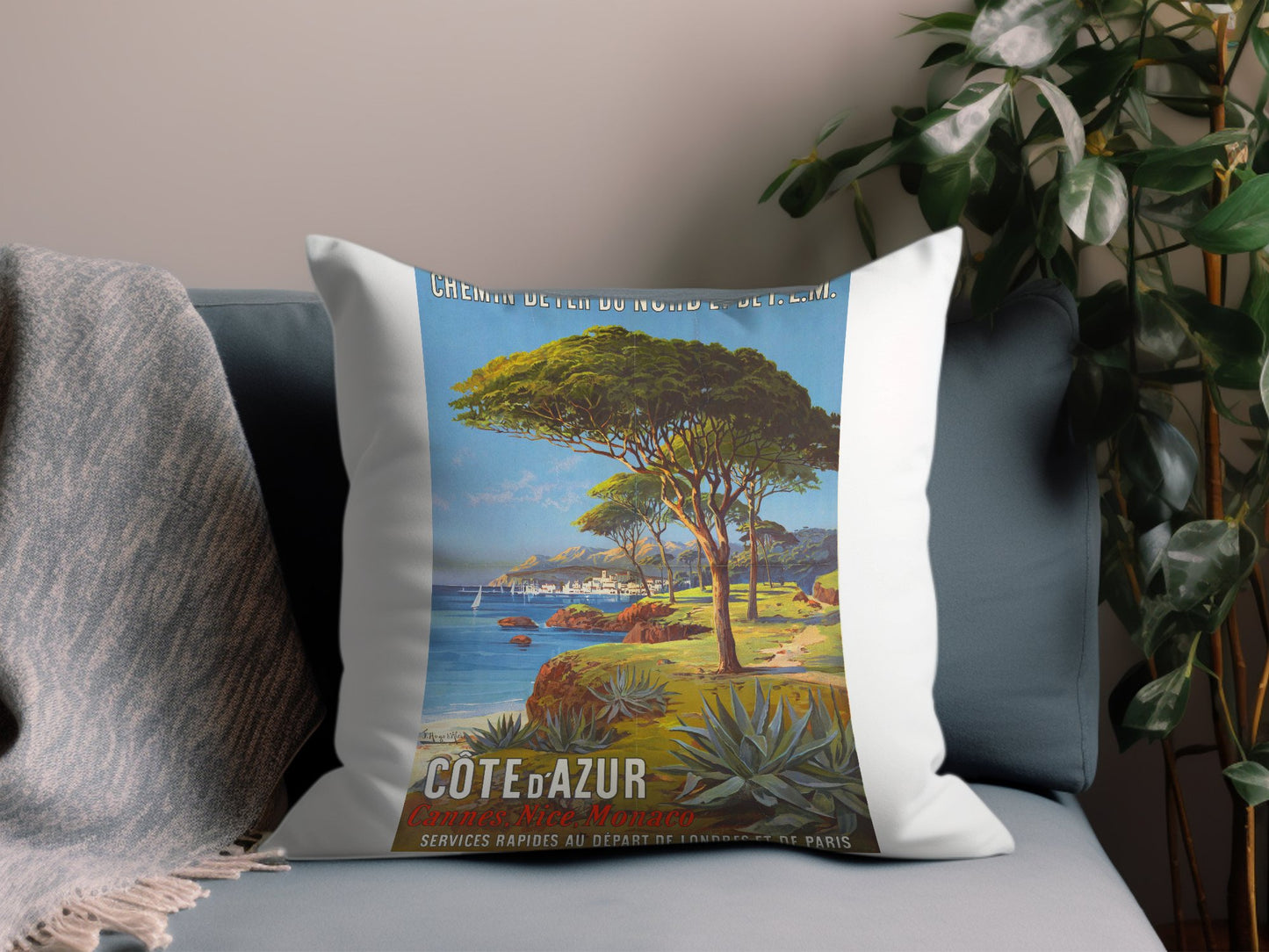 Vintage Cote D' Azur Throw Pillow