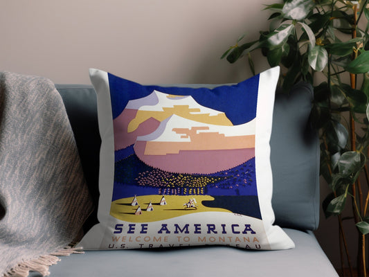 Vintage See America Welcome to Montana Throw Pillow