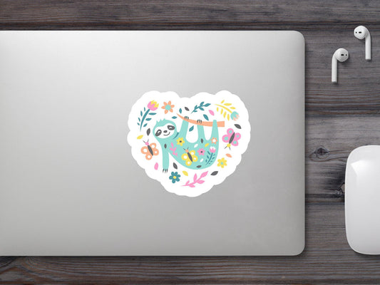 Sloth With Flowers and Butterflies Sticker