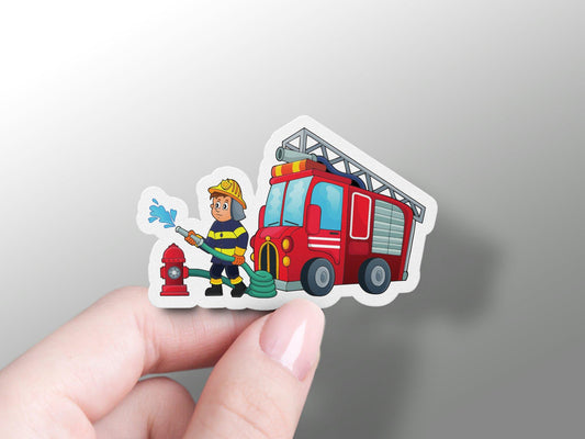 Firefighter With A Fire Truck Sticker