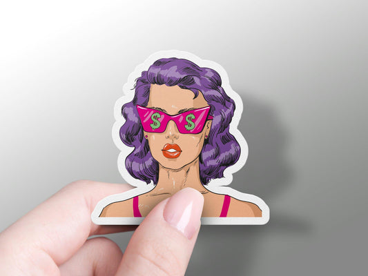 Woman In Dollar Glasses Pop Art Sticker