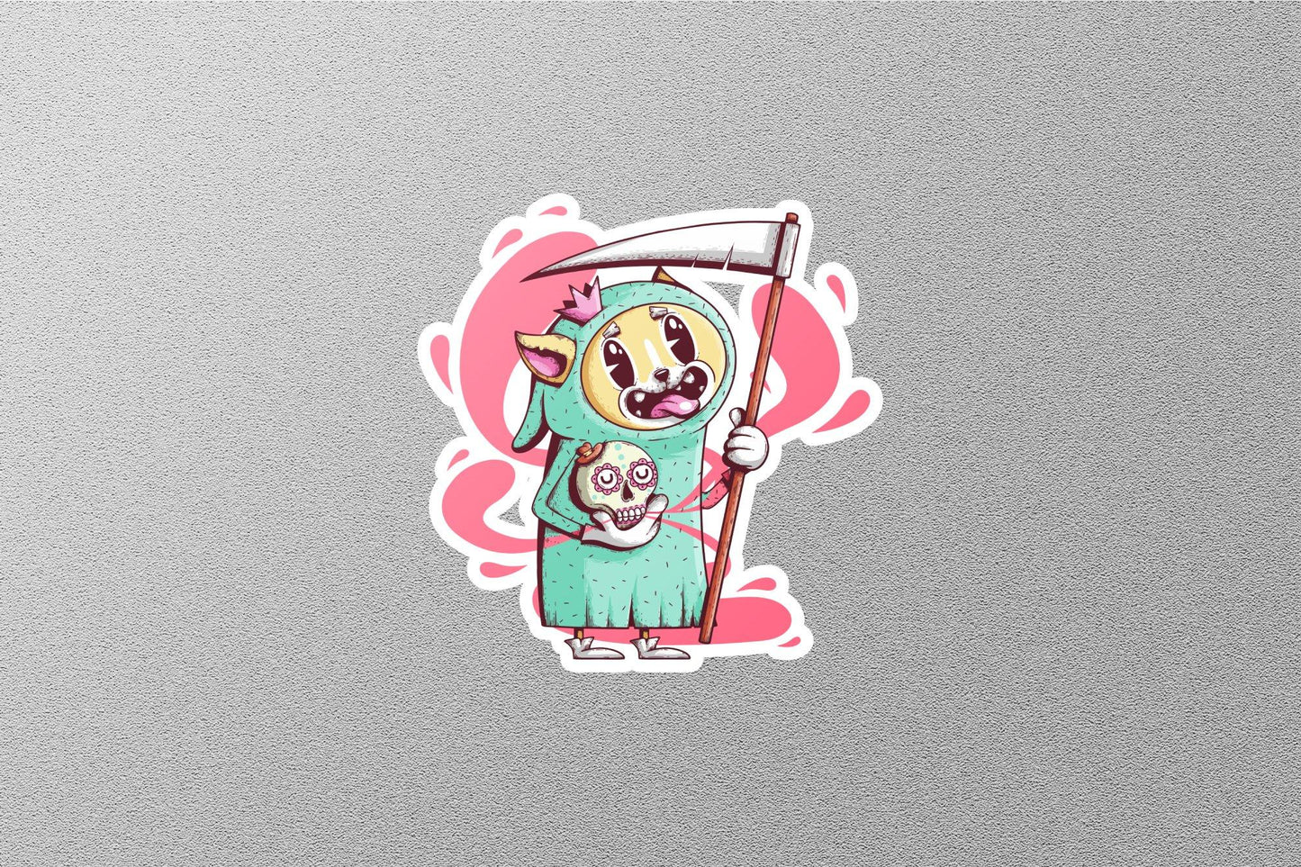 Dog with scythe and skull in hand Sticker