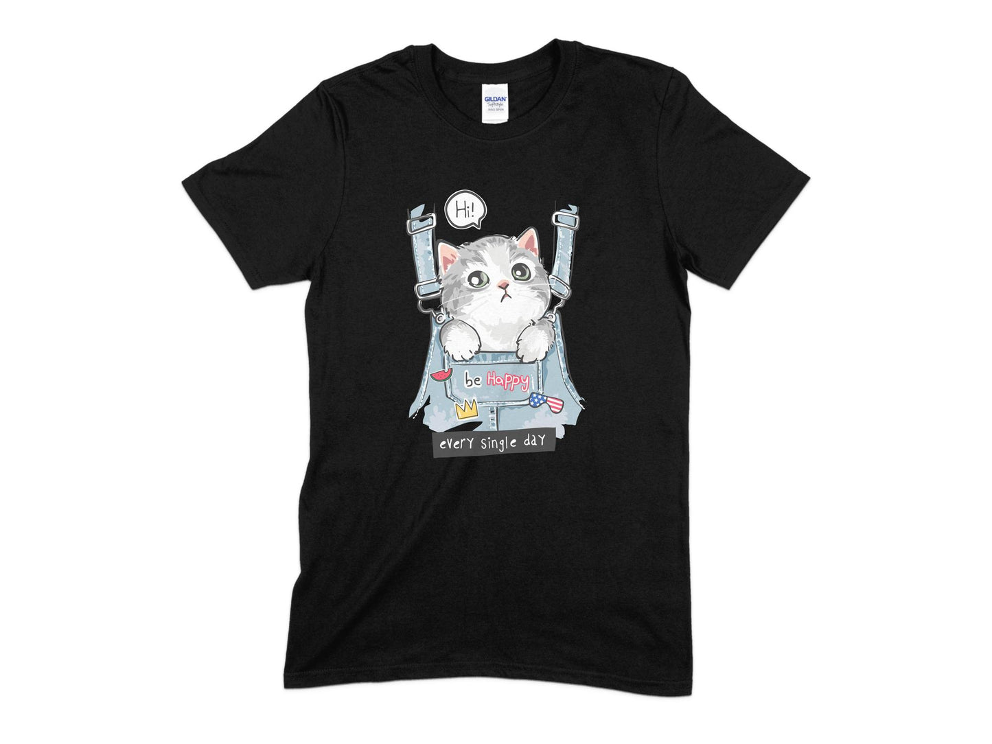 Be Happy Every Single Day T-Shirt, Cute Cat Wearing Denim Overalls T-Shirt, Cat Shirt