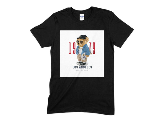 Los Angeles Slogan with Cute Bear Doll In Sunglasses Holding Skateboard T-Shirt